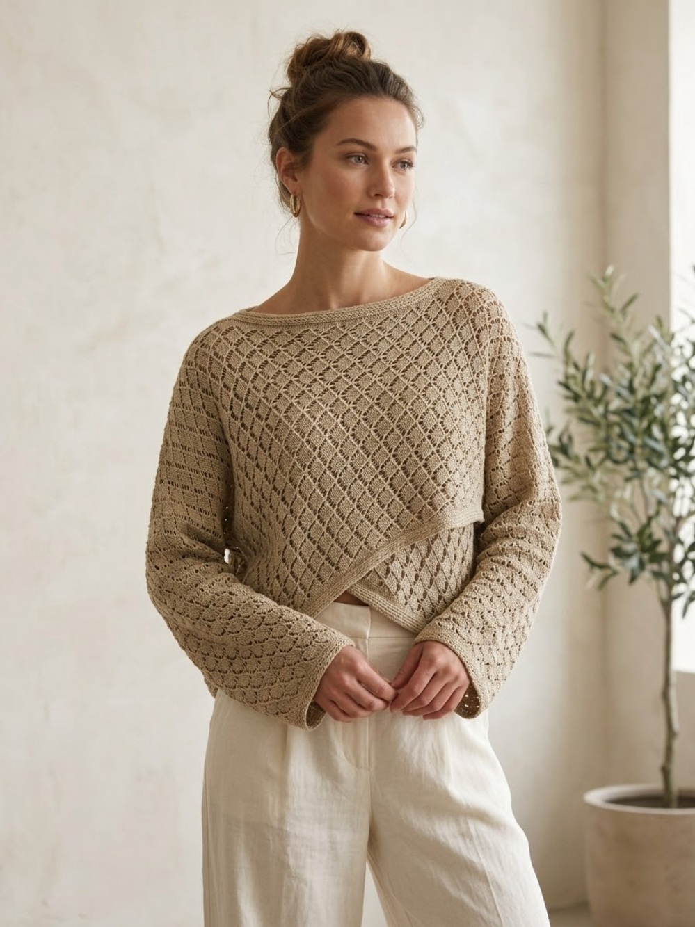 Made in Italy Firenze Open Knit Crochet Sweater Asymmetrical Neutral